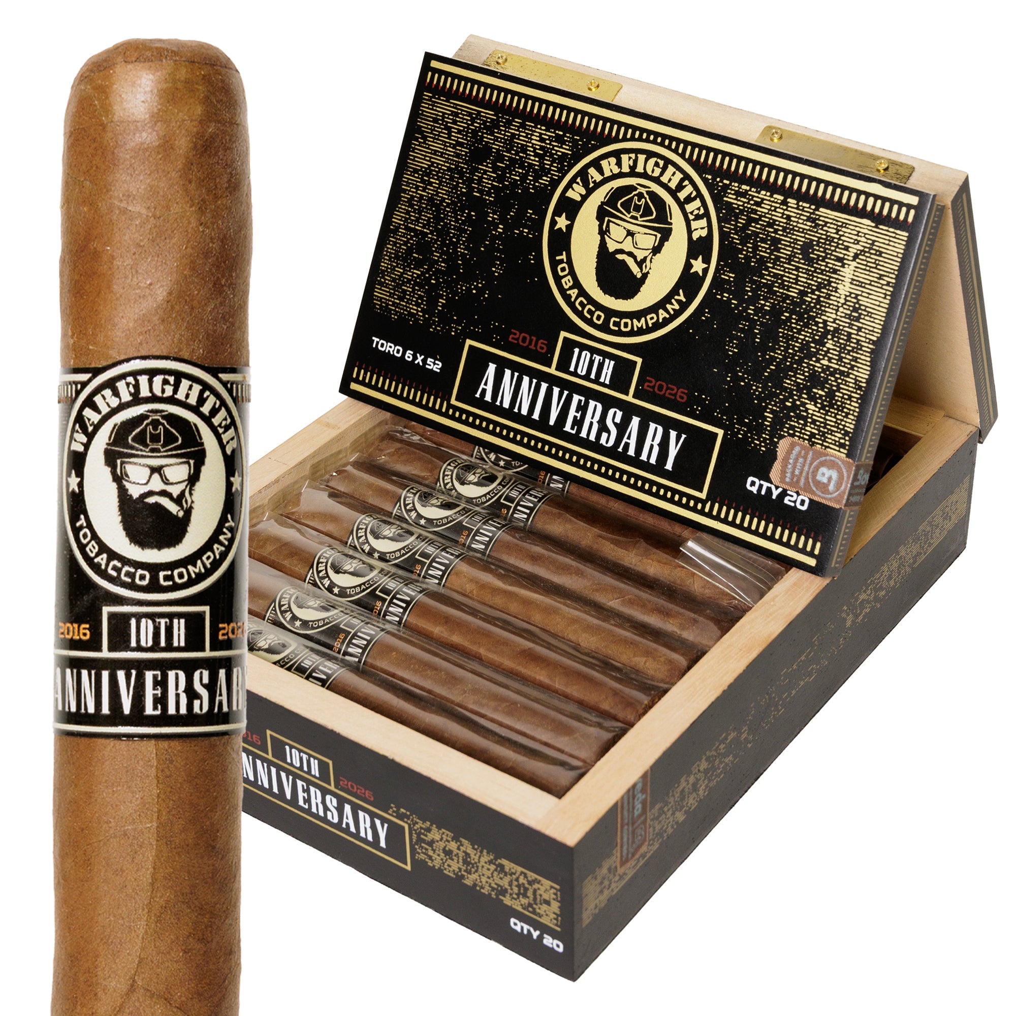 Warfighter 10th Anniversary cigar shown with its box