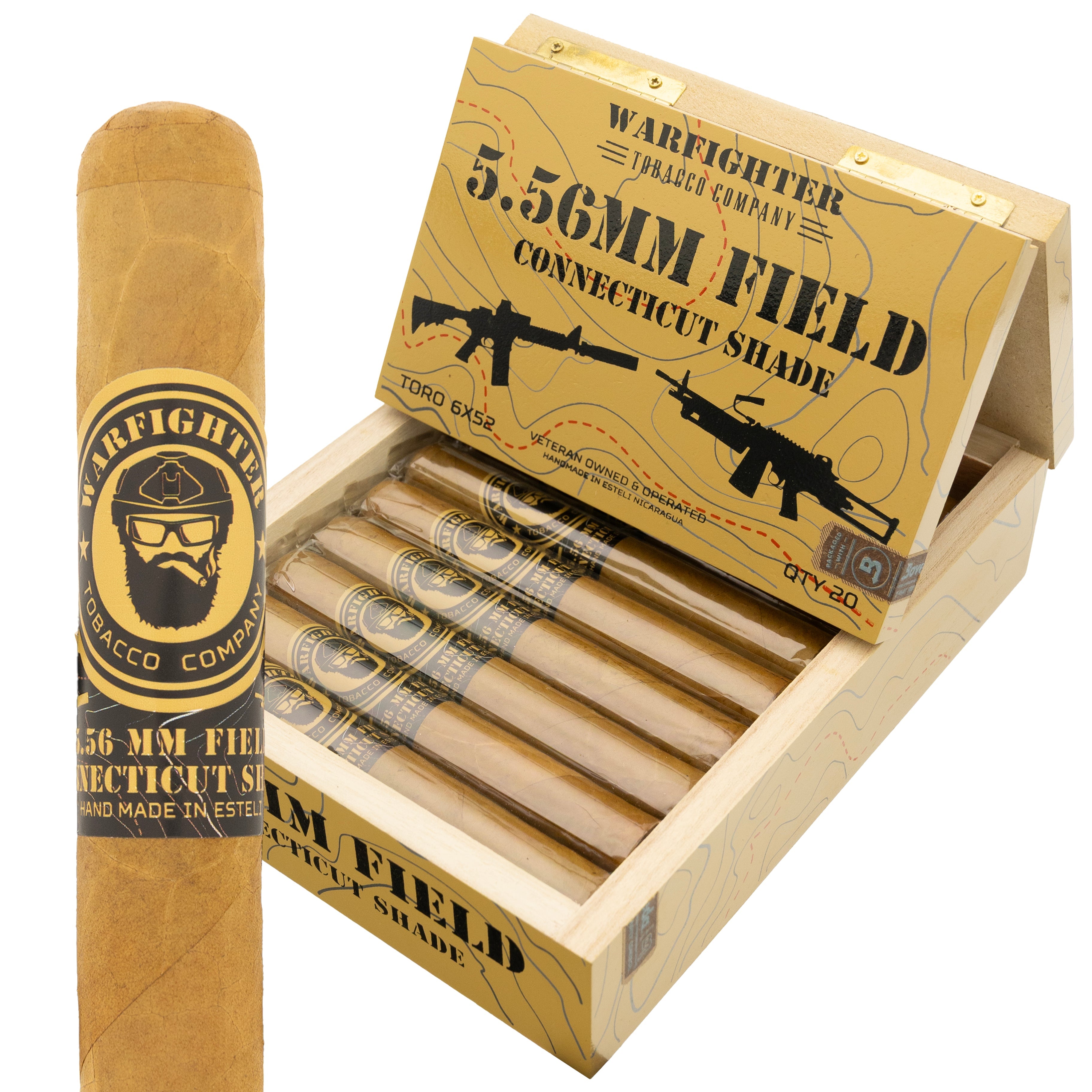 Warfighter 5.56 MM Field Connecticut Shade cigar shown with its box