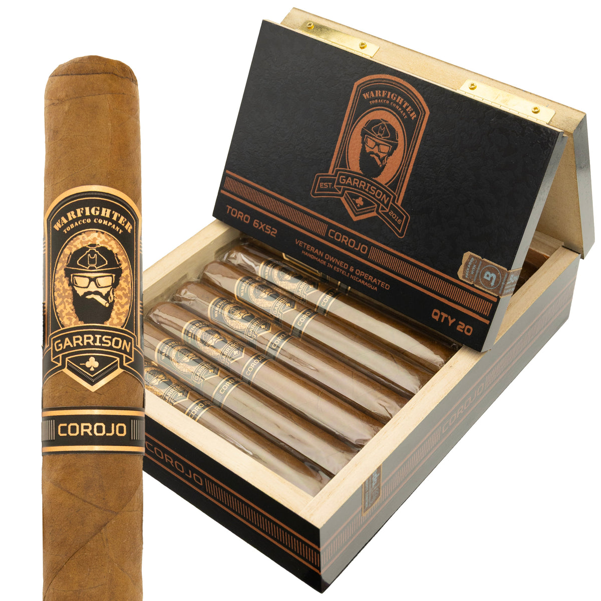 Warfighter Garrison Corojo cigar shown with its box