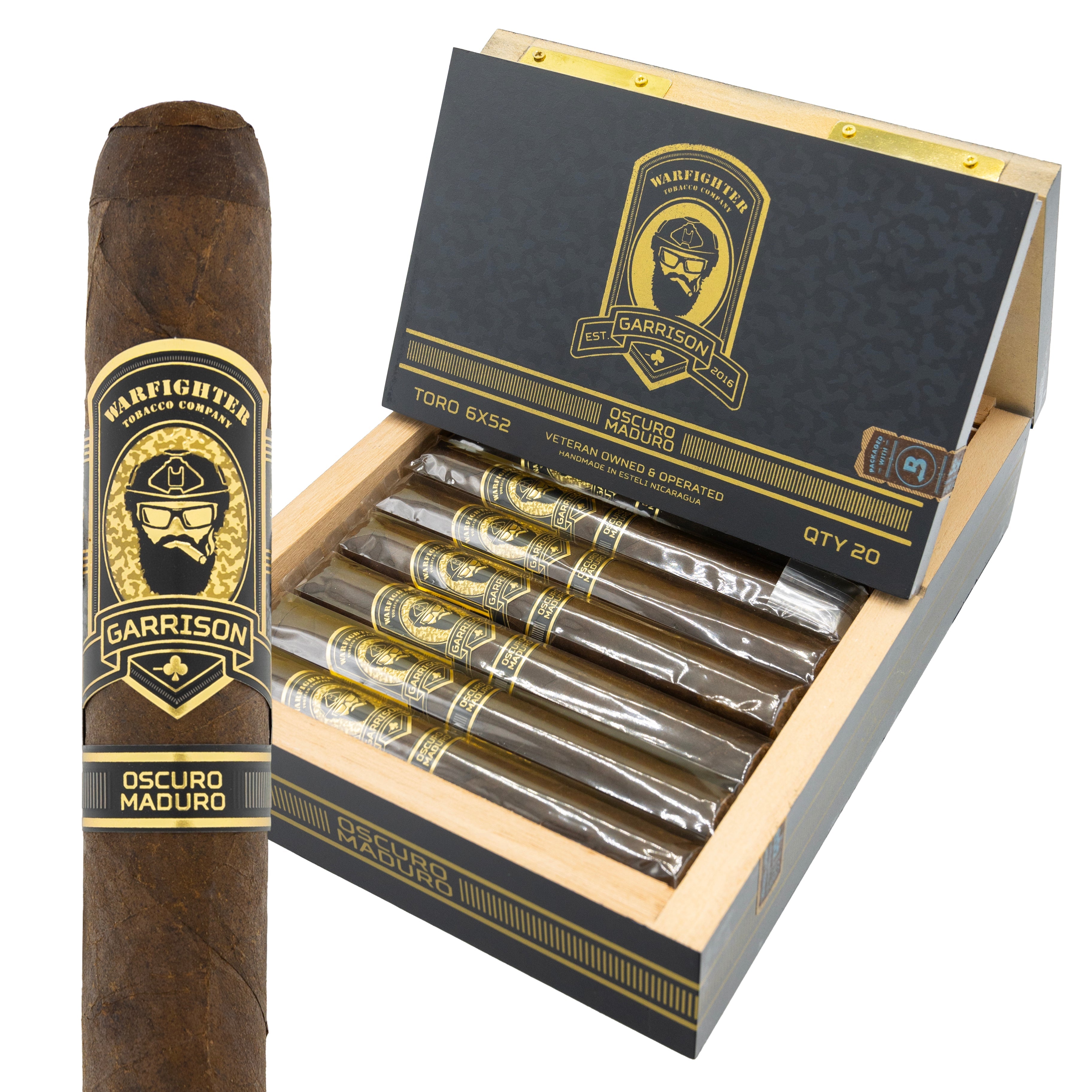 Warfighter .50 Cal Garrison Oscuro Maduro cigar shown with its box