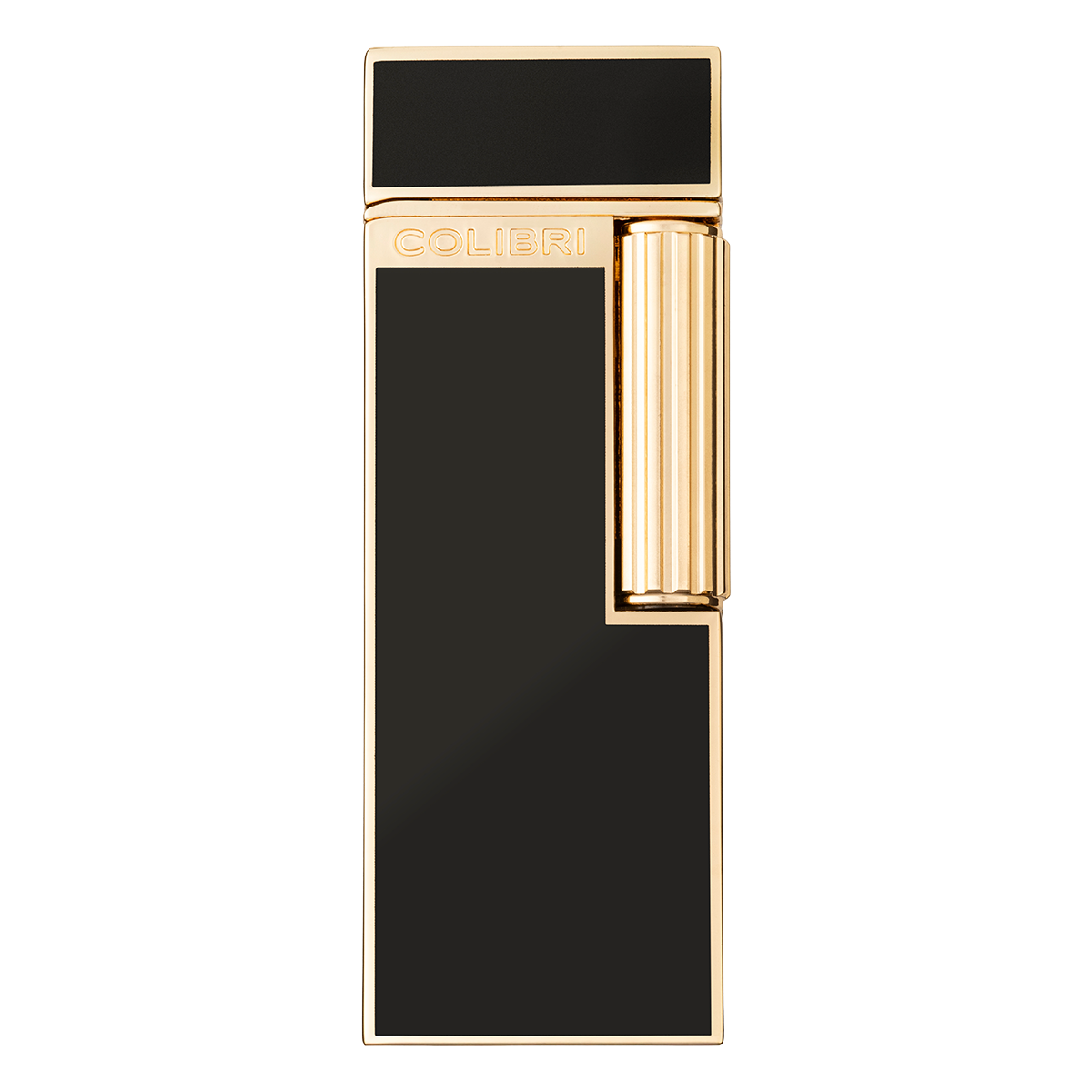 Colibri Continental single soft flame lighter in black and gold, closed, front view