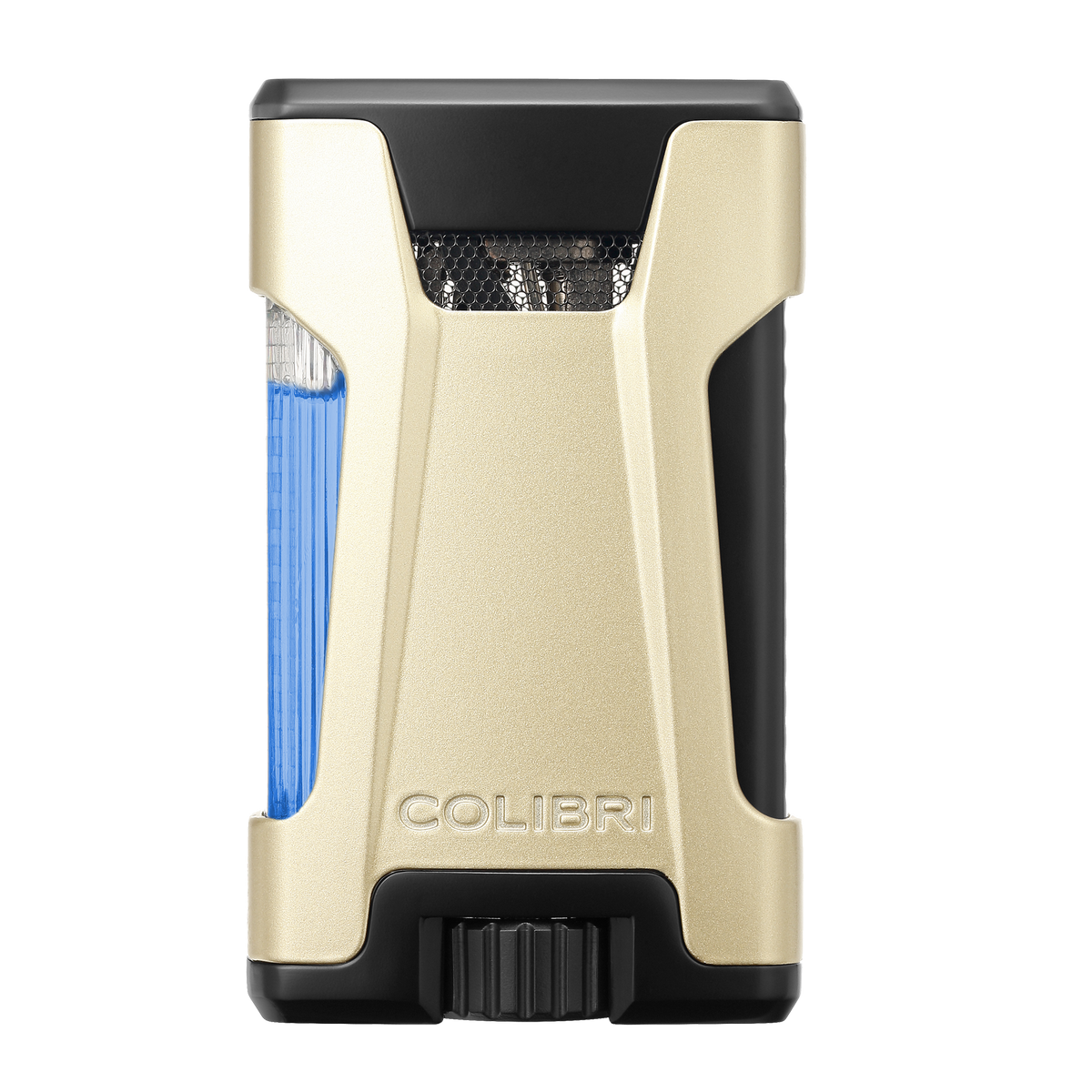 Colibri Rebel double jet flame lighter in gold with black trim, closed, front view