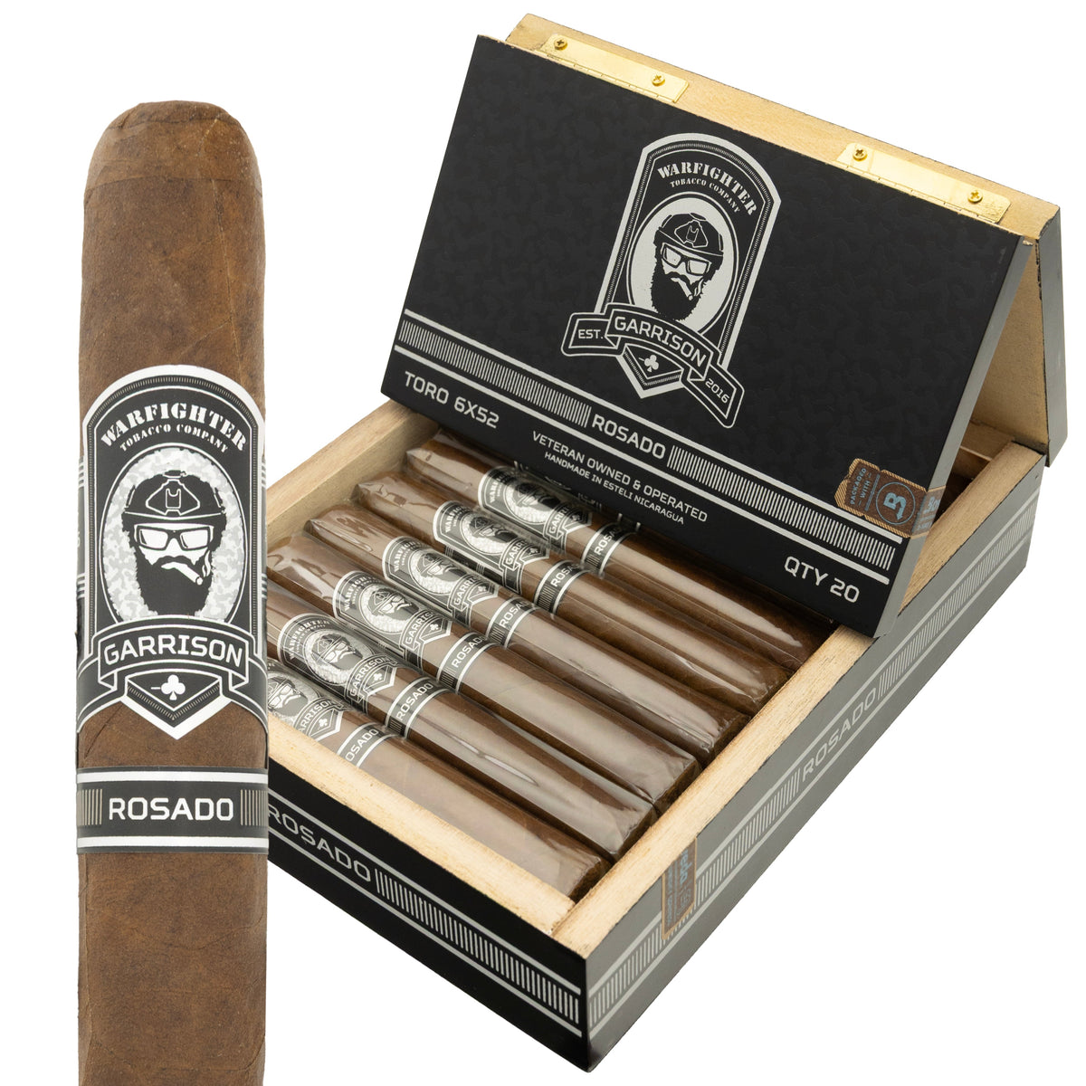 Warfighter Garrison Rosado cigar shown with its box
