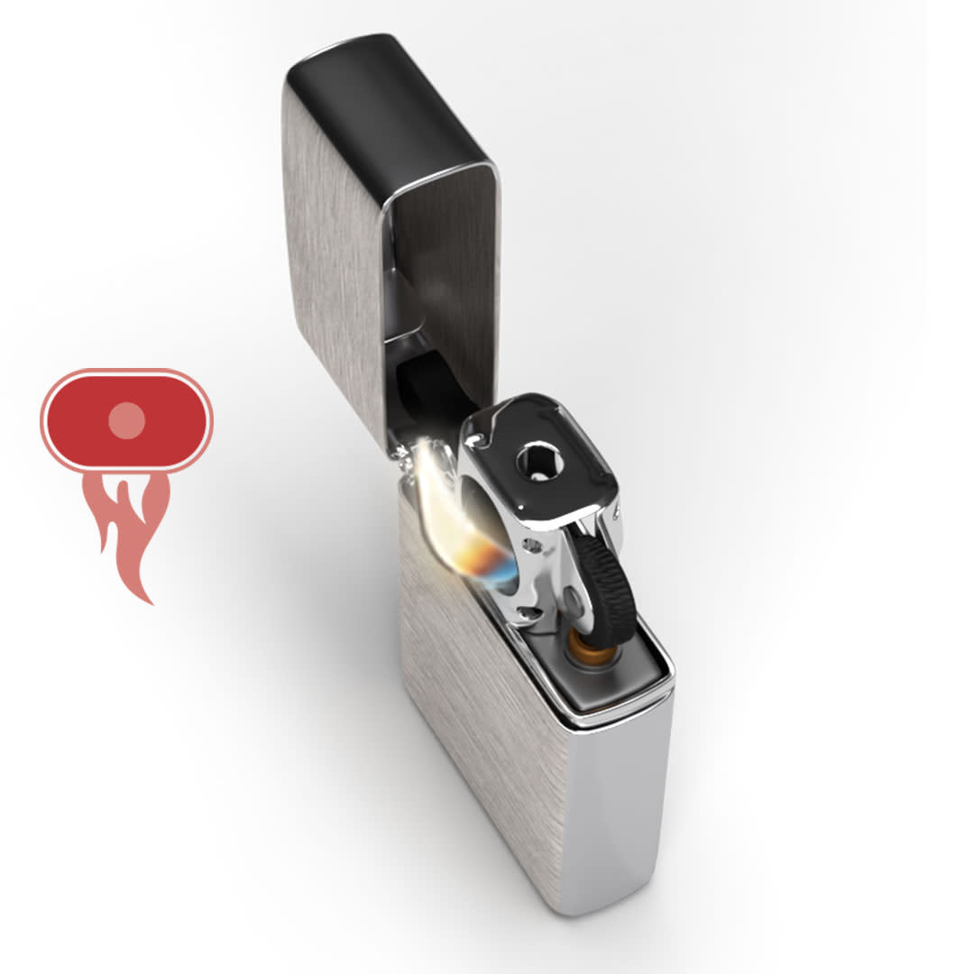 Zippo stainless steel pipe lighter insert, lit, shown fitted into a lighter case that is sold separately