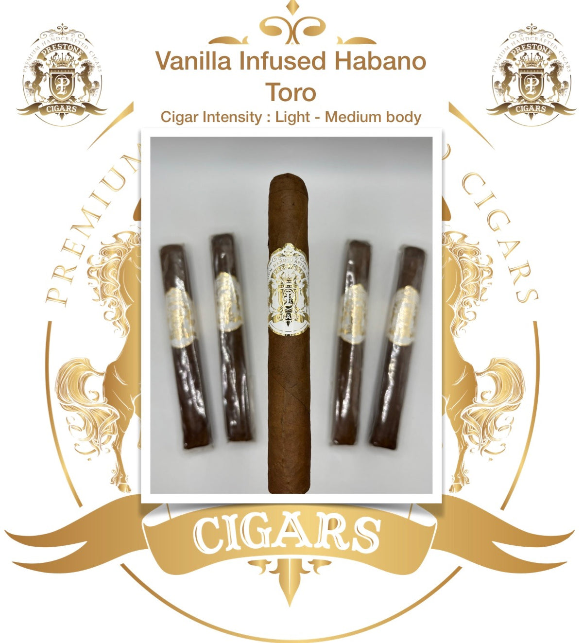 Prestone Vanilla Infused Habano Toro cigar, single stick on a plain background
