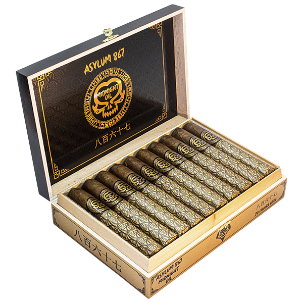 Asylum 867 Midnight Oil cigar, single stick shown against a plain background